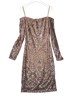 BCBGMAXAZRIA Sequin Off-Shoulder Ruched Dress – Small – Rose Gold